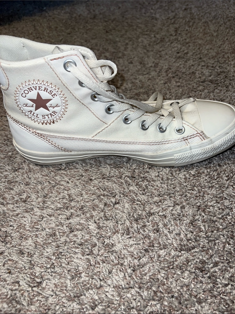 Converse High Top Sneakers in Off-White with Brown Stitching and Logo